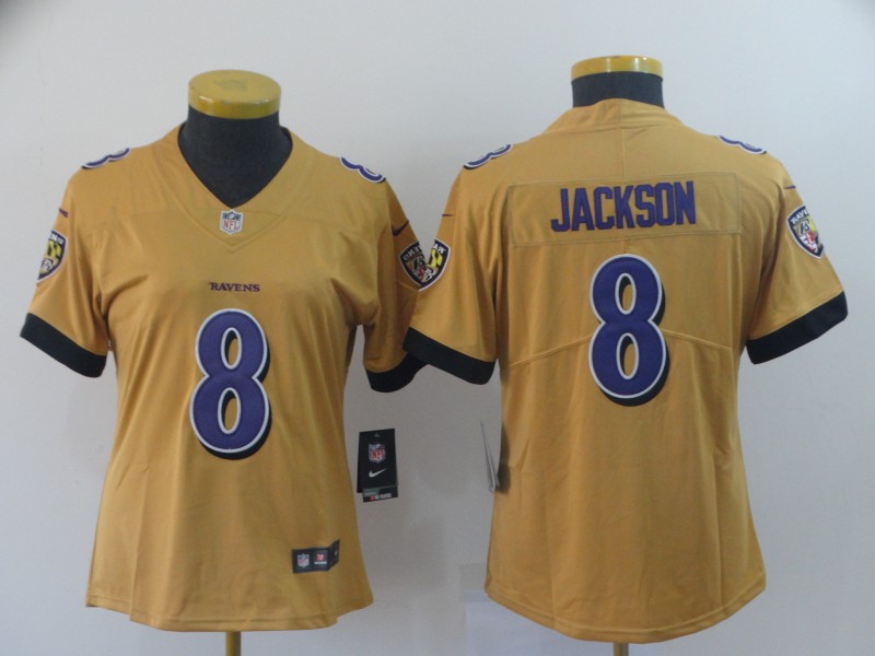 Women's Baltimore Ravens #8 Lamar Jackson Gold Inverted Legend Stitched NFL Jersey(Run Small)